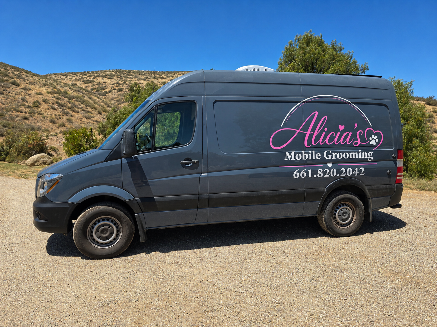 Alicia's Mobile Grooming van parked outdoors